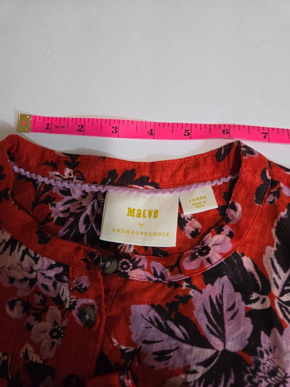 Maeve Anthropologie Red Orange Floral Pintucked Button-Down Boho blouse sz Large - Picture 9 of 14